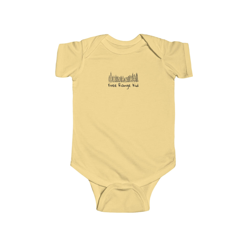 'Free Range Kid' Infant Bodysuit — Minimalist Baby Onesie with Hand-Drawn trees