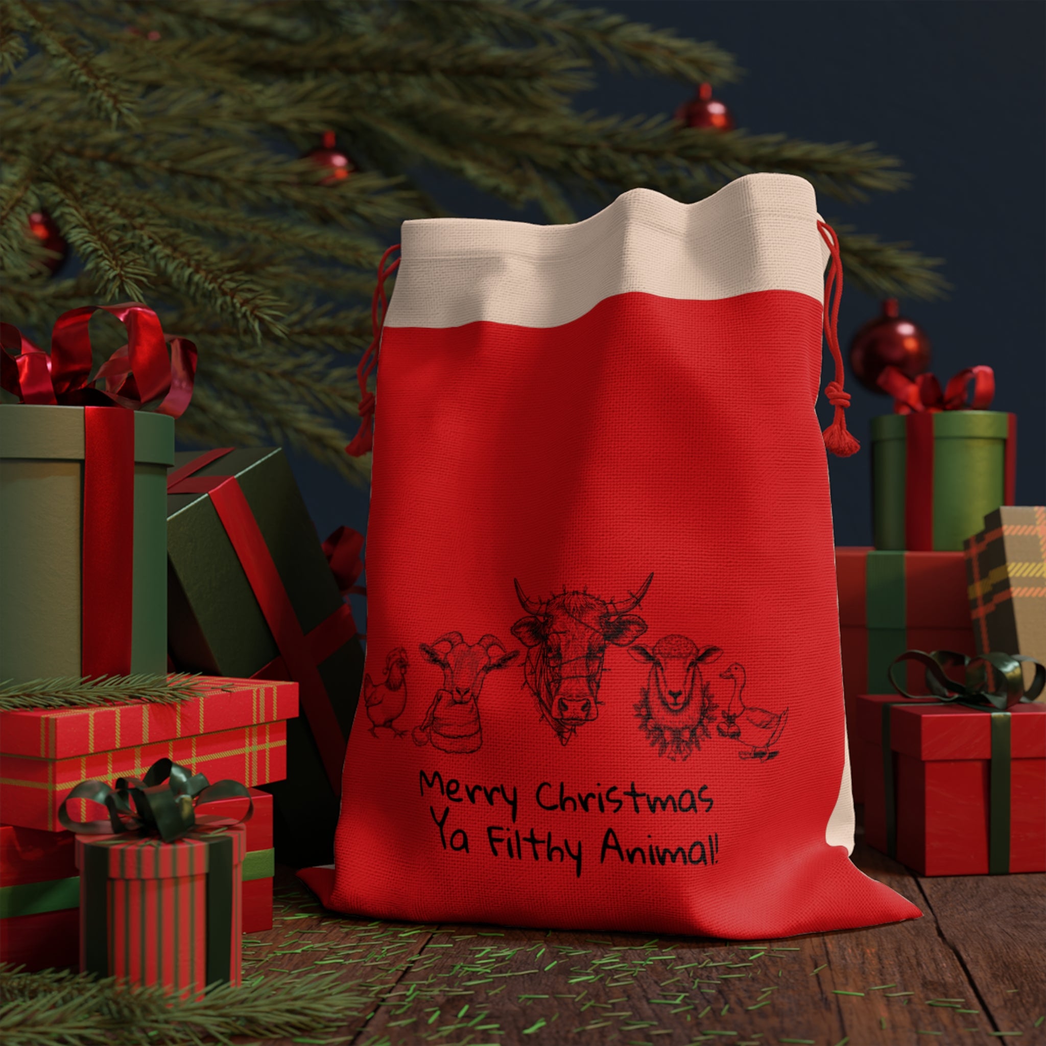 Christmas Gift Bag — “Merry Christmas Ya Filthy Animal!” Holiday Drawstring Bag