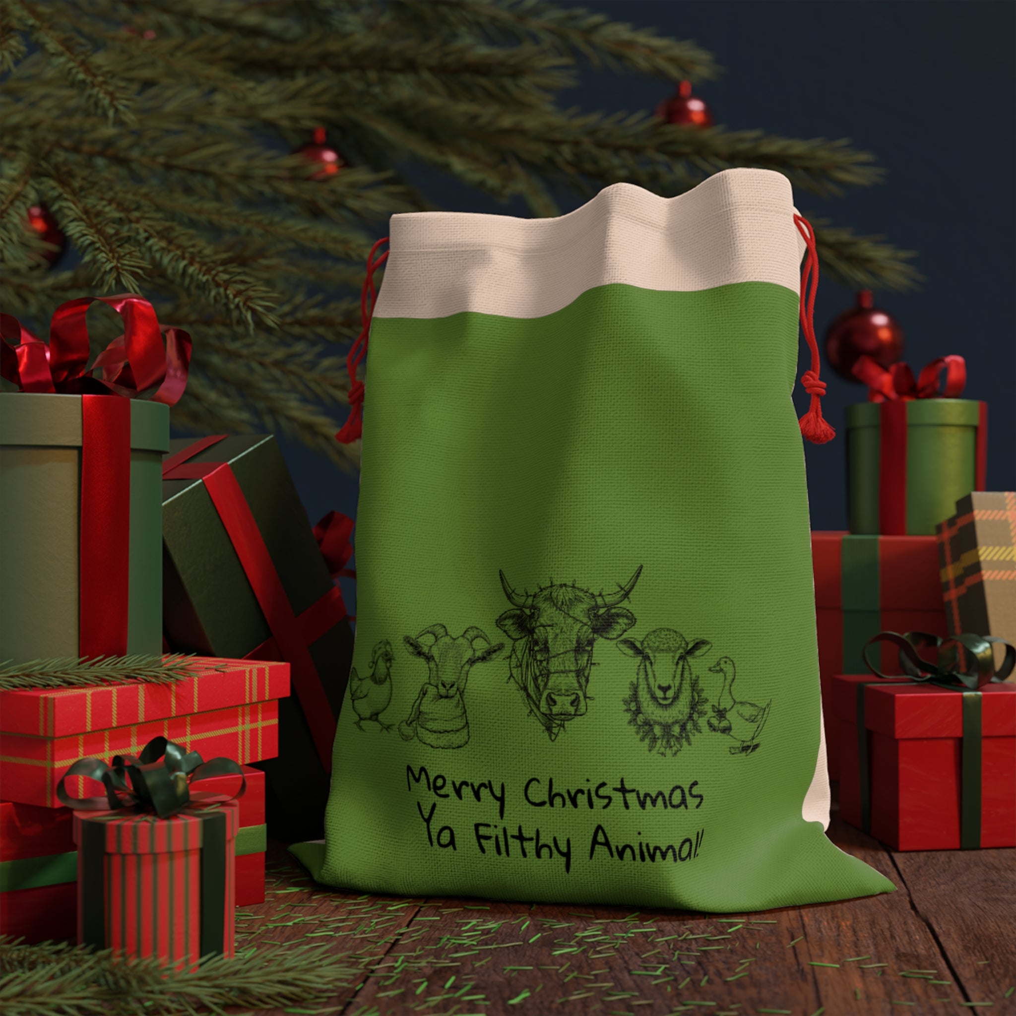Christmas Gift Bag — "Merry Christmas Ya Filthy Animal" Holiday Drawstring Bag