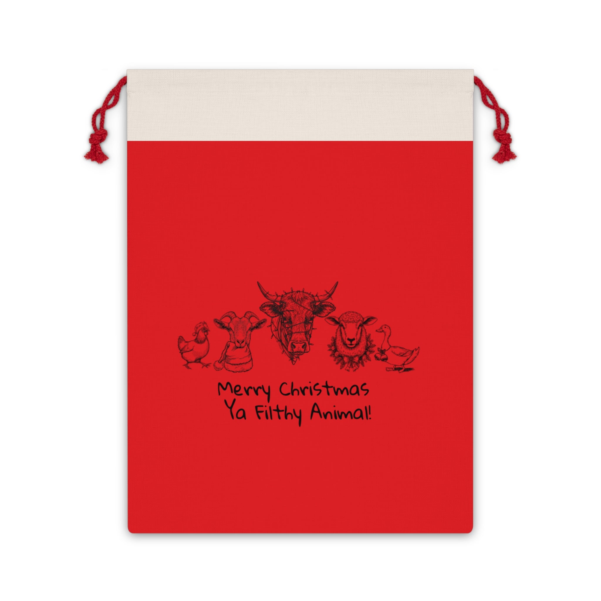 Christmas Gift Bag — “Merry Christmas Ya Filthy Animal!” Holiday Drawstring Bag