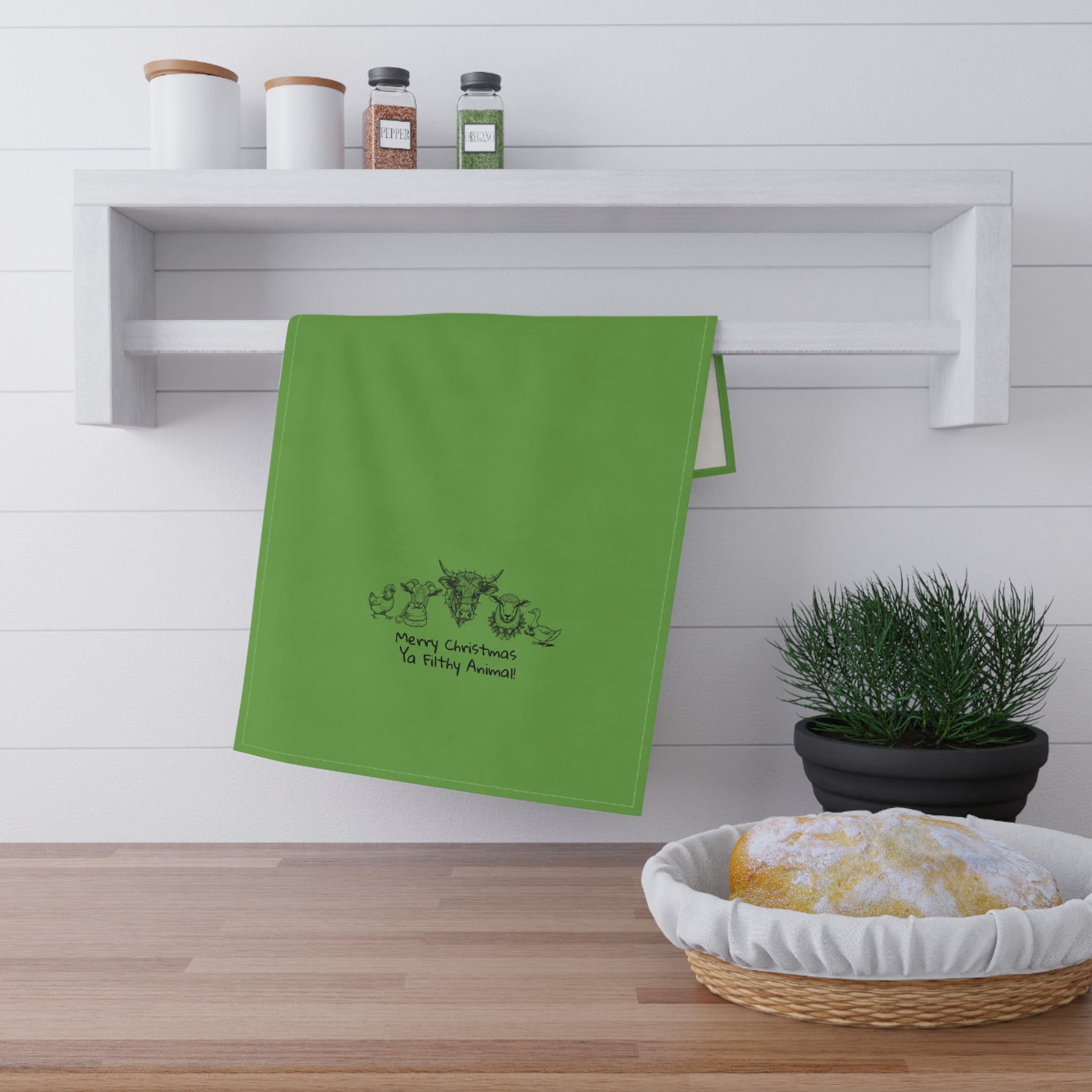 Christmas Animal Sketch Tea Towel — "Merry Christmas Ya Filthy Animal" Cotton Kitchen Towel